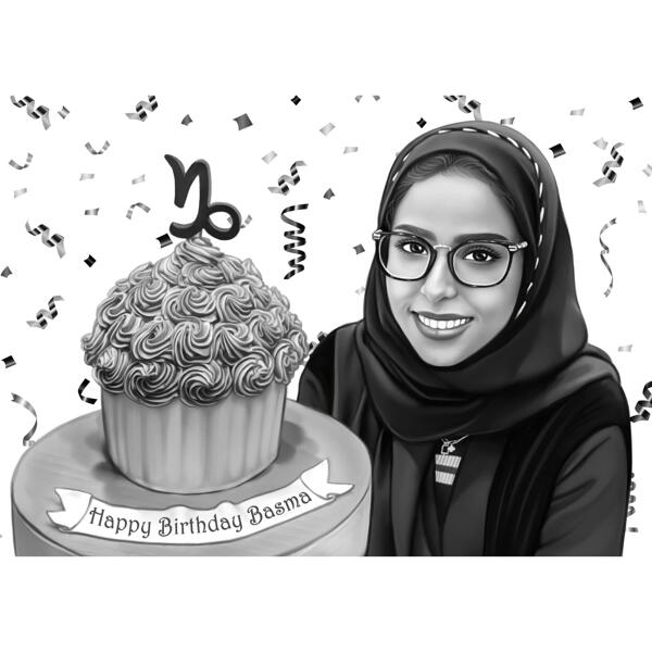 Persona ar dzimšanas dienas kūkas karikatūru ar konfeti fona dāvanas ideju