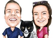 Paar mit Katze in herziger Farbkarikatur von Fotos