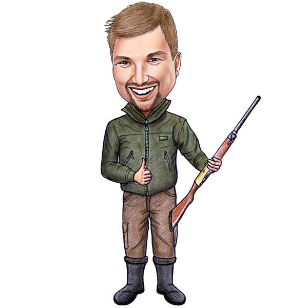 Pilna auguma mednieka karikatūra uz balta fona