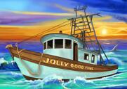 Regalo personalizado de caricatura de barco de fotos dibujadas a mano en estilo coloreado con fondo