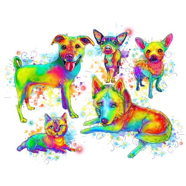 Ganzkörper-Regenbogen-Aquarell gemischtes Hunde- und Katzen-Karikatur-Porträt von Fotos