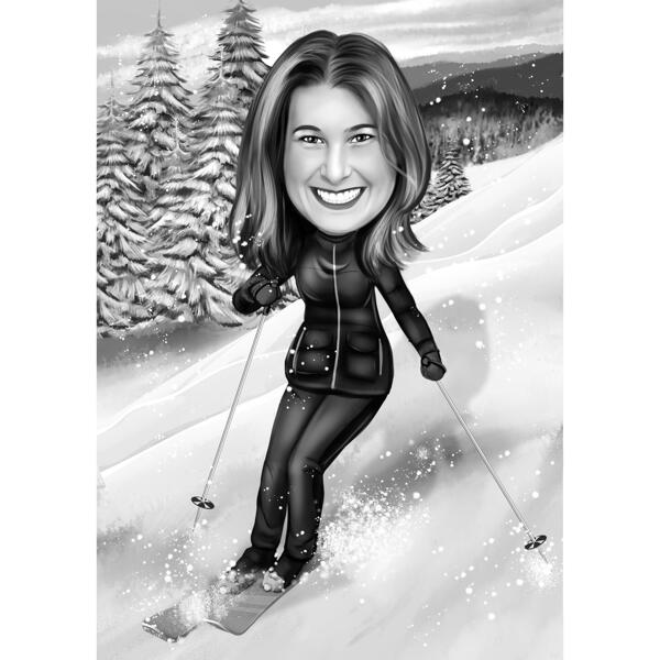 Caricatura de dibujos animados de esquí en estilo blanco y negro de fotos