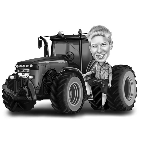 Mann mit Traktor in Schwarz und Weiß