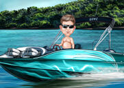 Man Driving Red Boat Caricature