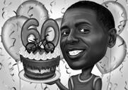 Person mit Geburtstagstorte Karikatur Cartoon mit Konfetti Hintergrund Geschenkidee