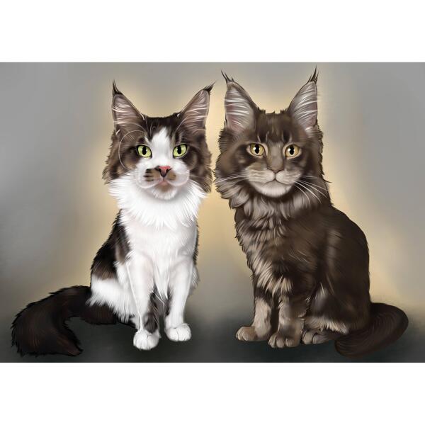 Maine Coon Cats Caricature Portrait in Colored Style from Photos