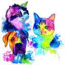Pintura em aquarela de cães e gatos
