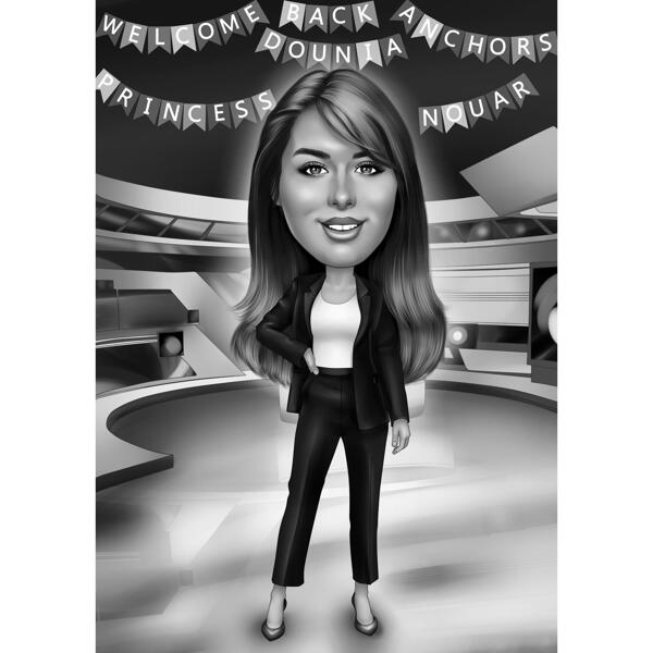 Desenho de desenho animado de âncora de TV de estilo preto e branco de pessoa a partir de fotos