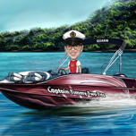 Man Driving Red Boat Caricature