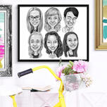 Caricatura dei colleghi del gruppo in bianco e nero come stampa di poster