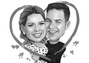 Presente de caricatura de casal de coração em estilo preto e branco de fotos