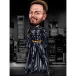 Brutaler Mann in Schwarz als Superhelden-Karikatur mit Nachtstadt-Hintergrund
