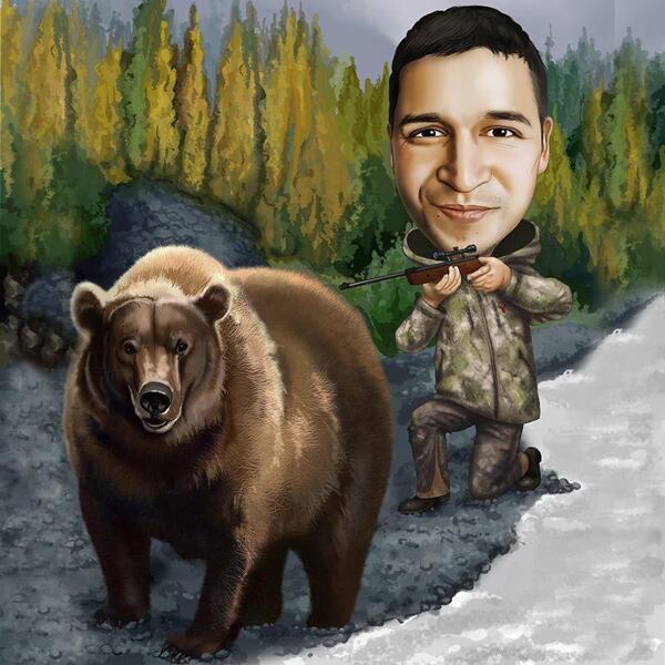 Lovec s portrétem medvěda z fotografií s pozadím
