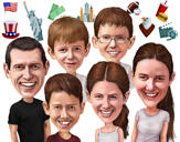 Dibujo de dibujos animados de grupo de seis personas en estilo coloreado a partir de fotos con fondo personalizado
