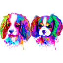 Fotoğraflardan Parlak Neon Suluboya Tarzında Birkaç Spaniel Köpek Karikatür Portresi