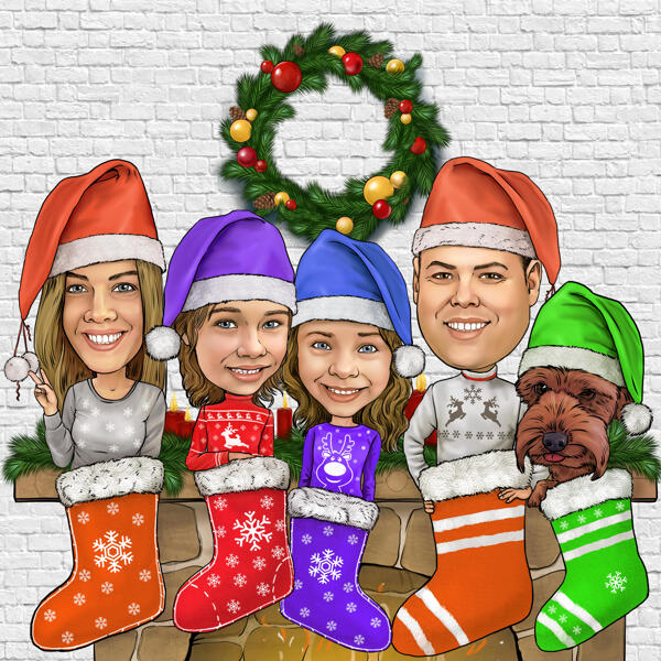 Caricatura familiar de medias navideñas