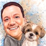 Yorkshire Owner with Pet Cartoon Portrait in Natural Watercolor Style Art from Photos