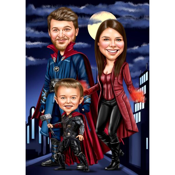 Superhero Family Caricature for Marvel Superheroes Fans