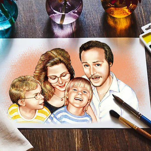 Parents avec enfants dessin animé dans un style coloré comme impression sur affiche