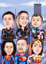 Superhero Family Colored Caricature Painting with New York Background from Photos