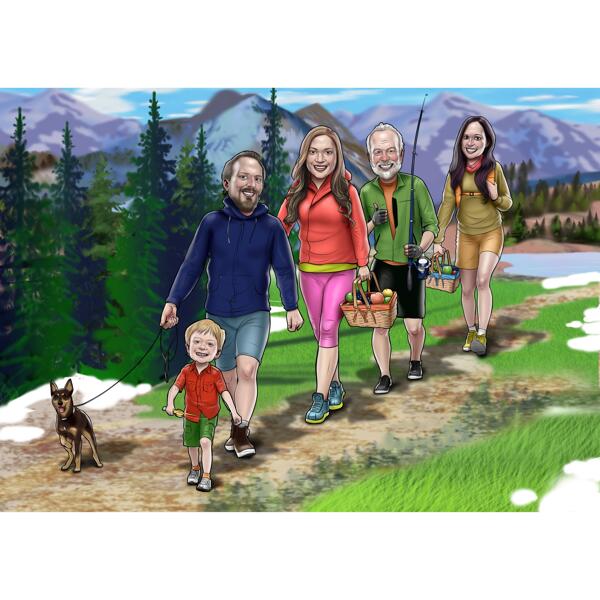 Famiglia di 5 persone con animali domestici che fanno escursioni, caricatura