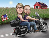 Pár cestující barevnou karikaturou na motorce s vlastním pozadím