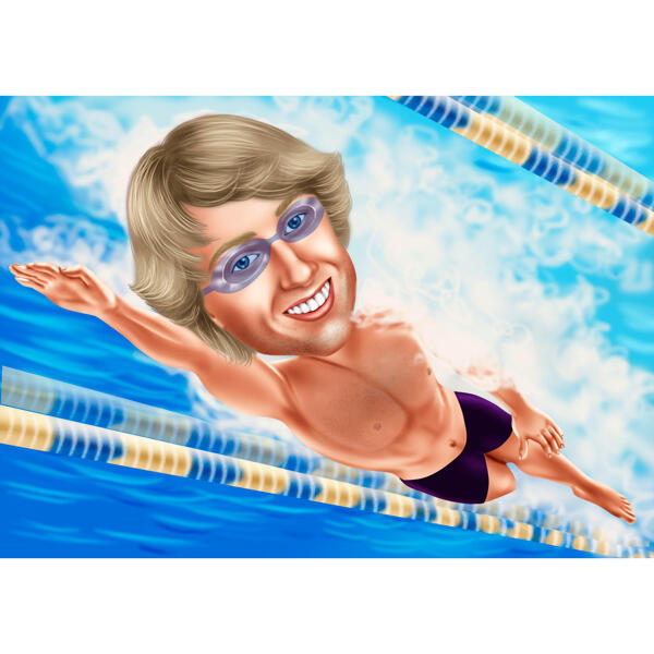 Fotoğraflardan Renkli Stilde Profesyonel Yüzücü Karikatürü
