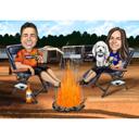 Caricatura de dibujos animados de una pareja acampando con su perro.