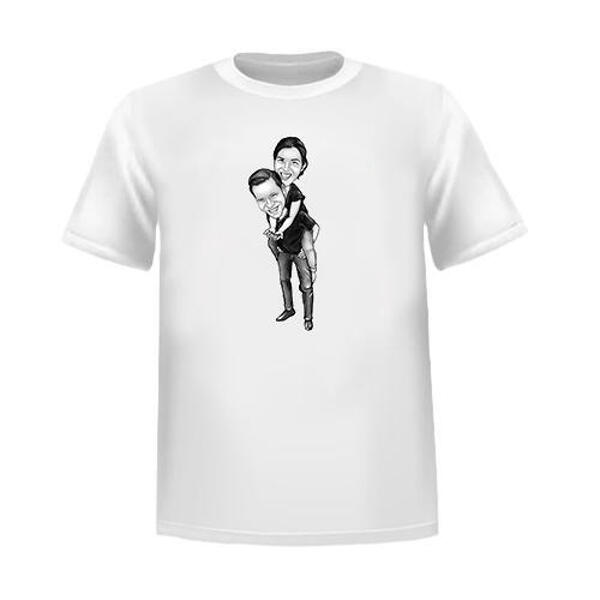 Couple Caricature in Black and White Style Hand Drawn from Photos as T-shirt Print Gift