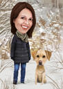 Full Body ägare med husdjur karikatyr porträtt med färgad bakgrund