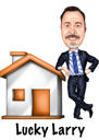 Caricatura de agente imobiliário mostrando polegares para cima