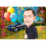Caricatura de cumpleaños para hombre en estilo coloreado con fondo personalizado