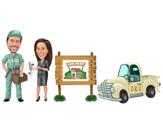 Colored Caricature of Couple with Vehicle and Custom Background