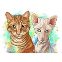 Ritratto di caricatura di razza di gatti misti in stile acquerello dalle foto