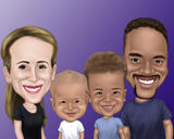 Familieportræt i overdrevet karikaturstil i farvet med enkel baggrund