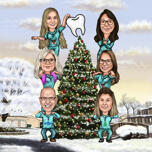 Dentist Staff Decorating Christmas Tree Caricature