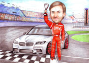 Karikatuur van raceautocoureur in kleurstijl met aangepaste achtergrond van foto