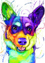 Handgezeichneter Corgi-Porträt-Cartoon vom Foto im Regenbogenstil mit farbigem Hintergrund