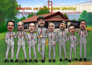 Karikatura mládenců s pozadím domu