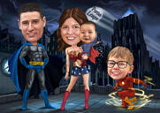 Group Superhero Caricature Drawing from Photos with City Background