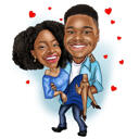Retrato de casal em desenho animado com pequenos corações
