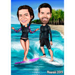 Couple Surf Caricature couleur dessinés à la main à partir de photos