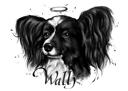 Dog+Memorial+Cartoon+Portrait+in+Black+and+White+Style+with+Angel+Wings+and+Halo