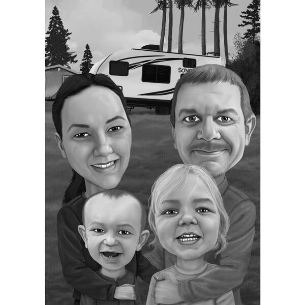 Svartvitt familjetecknat porträtt från foton för Thanksgiving Day-kortpresent
