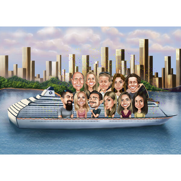 Dessin de caricature d'un groupe sur un yacht