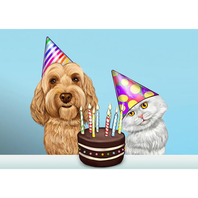Perro y gato con pastel - Caricatura de cumpleaños