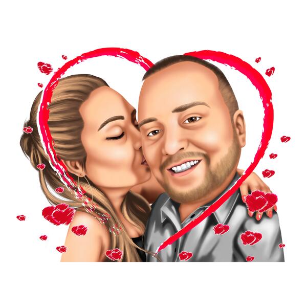 Kiss Me - Colored Couple Caricature with Hearts