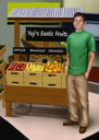 Caricatura colorata del venditore personalizzato da foto con sfondo del negozio