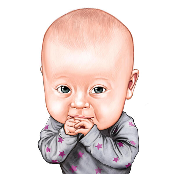 Ar roku zīmēts drupatas mazuļa bērna karikatūras portrets no fotoattēla krāsu stilā
