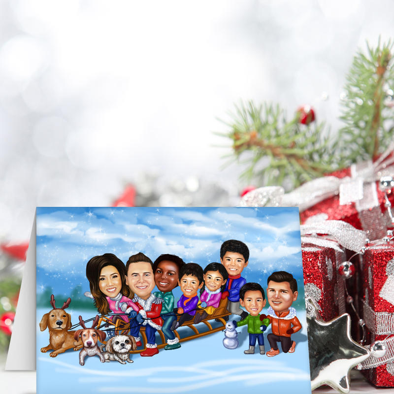 Conjunto familiar de dibujos animados de 10 tarjetas de Navidad de fotos  con fondo de nieve